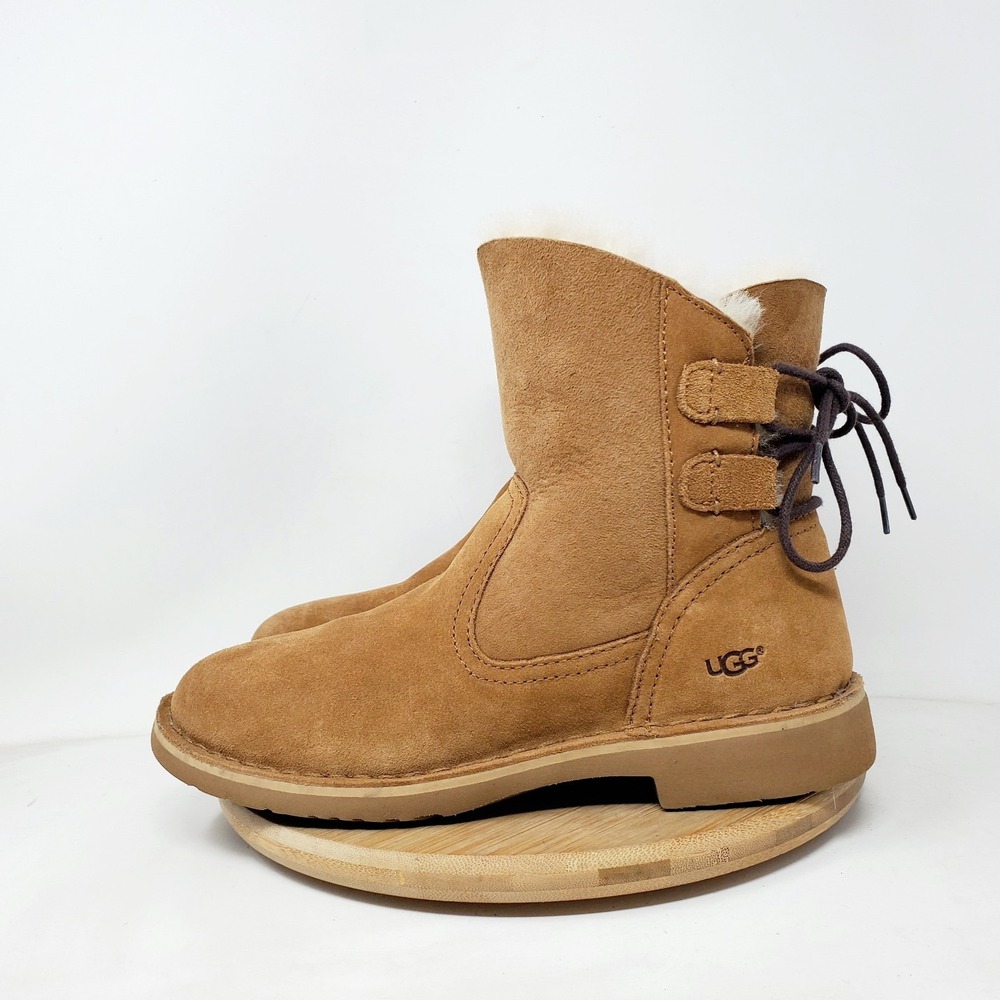 UGG Naiyah Womens 6 Boot Chestnut Brown Suede Block Heel‎ Lace Shoes